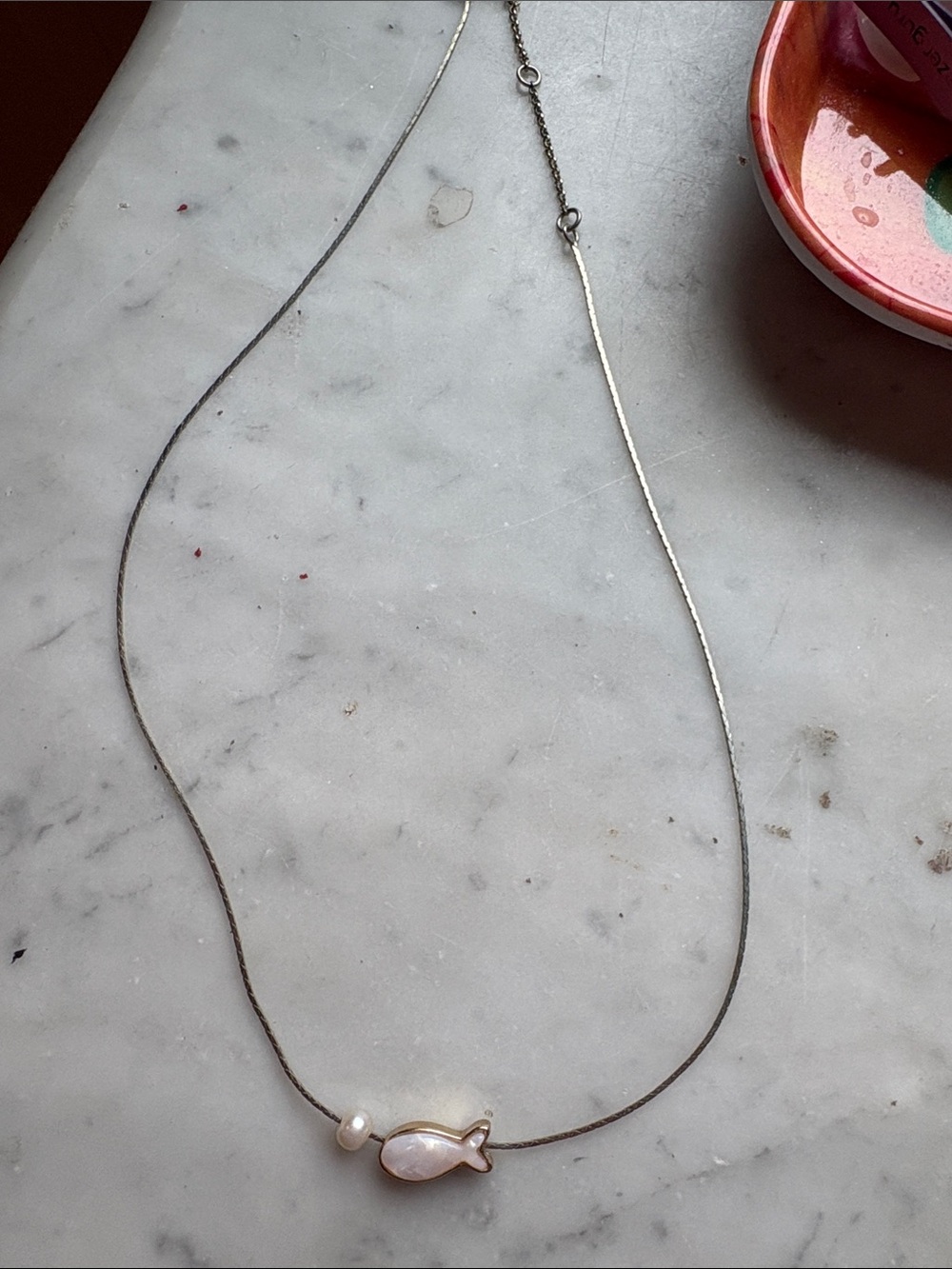 LOFT Silver Chain Necklace with Pink Mother-of-Pearl Fish and Pearl Accent
